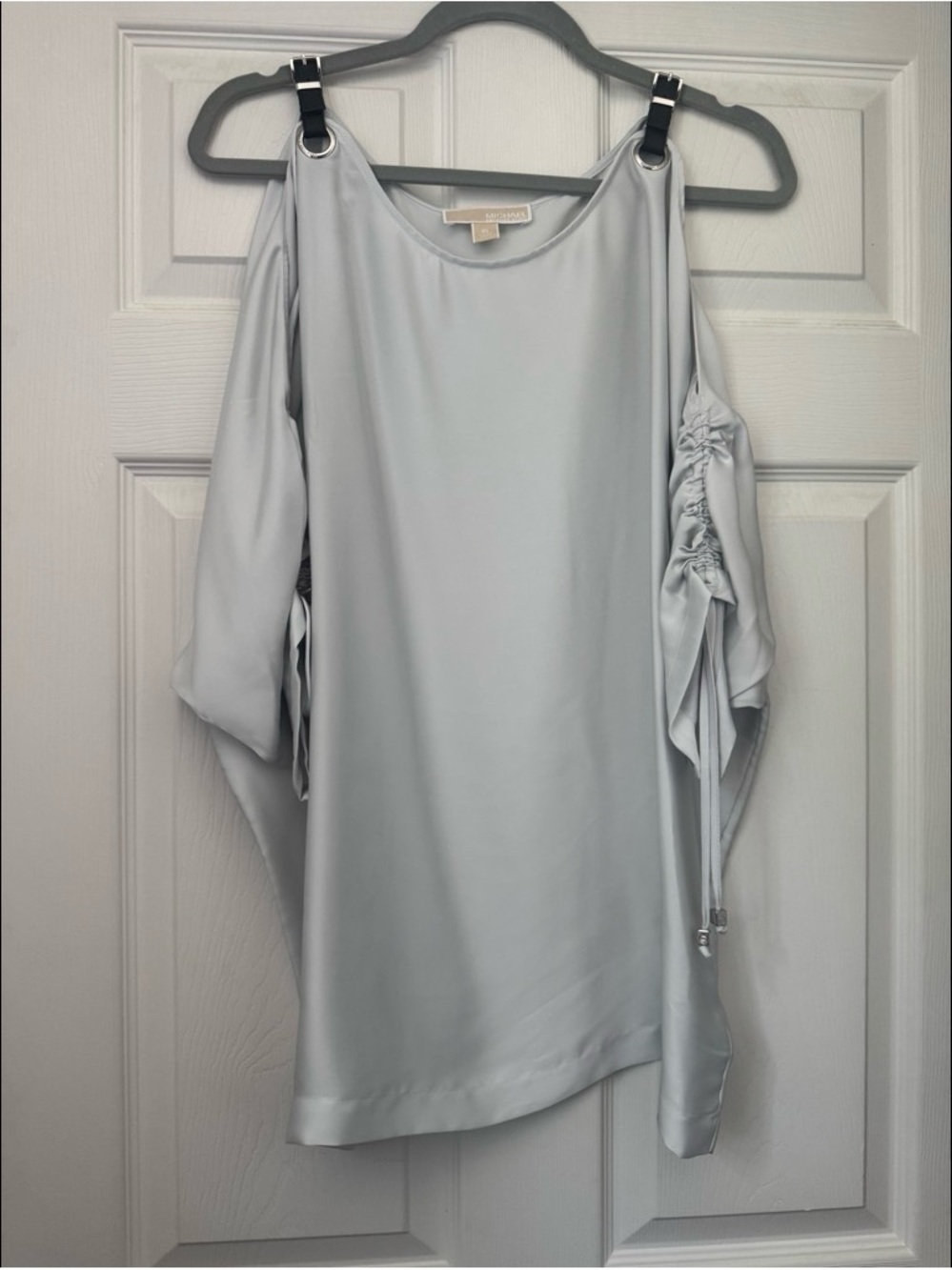 Light Gray Cold-Shoulder Satin Blouse
